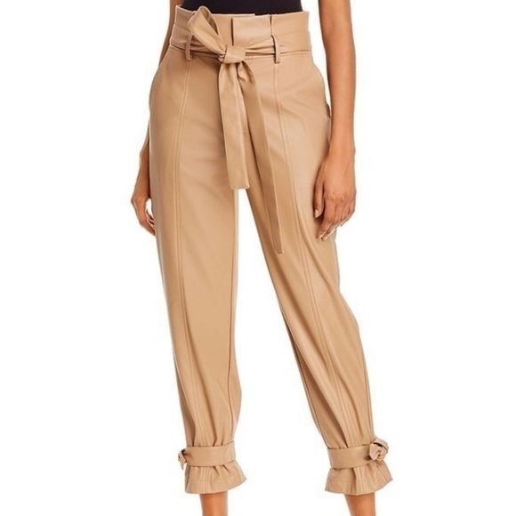 Lucy Paris Womens Faux Leather Ankle Tie Paperbag Waist Pants Trousers Sz S Tan - Picture 1 of 13